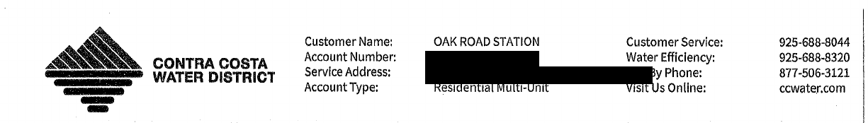 Top of Contra Costa Water District water statement: district logo and name, Oak Road Station customer name and residential multi-unit type; account number and service address redacted.