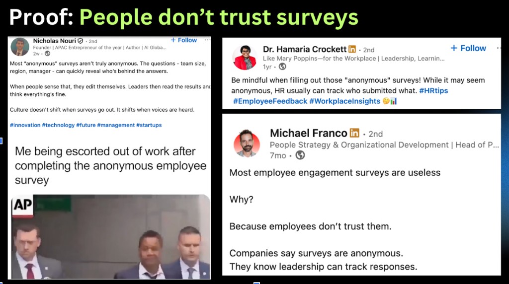 Proof image showing social posts saying people do not trust anonymous surveys